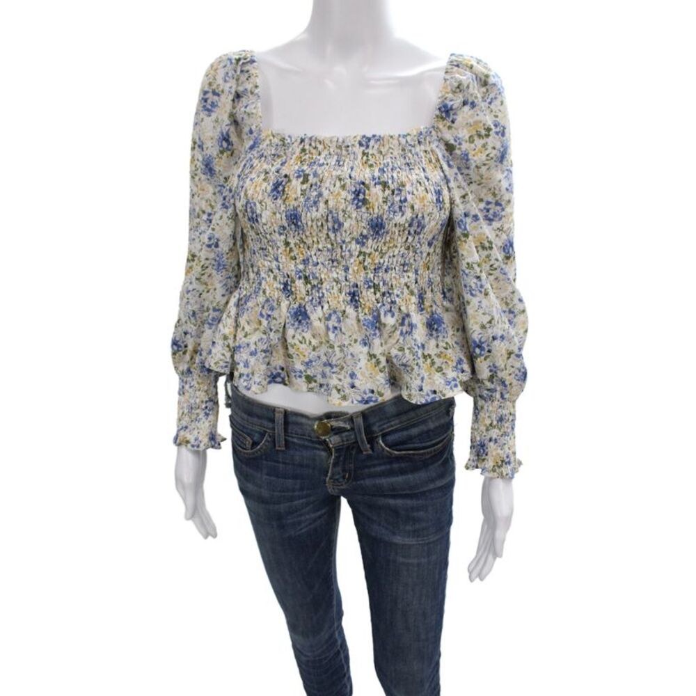 En Saison Women Cropped Floral Square Neck Long Sleeve Blouse Blue Size S